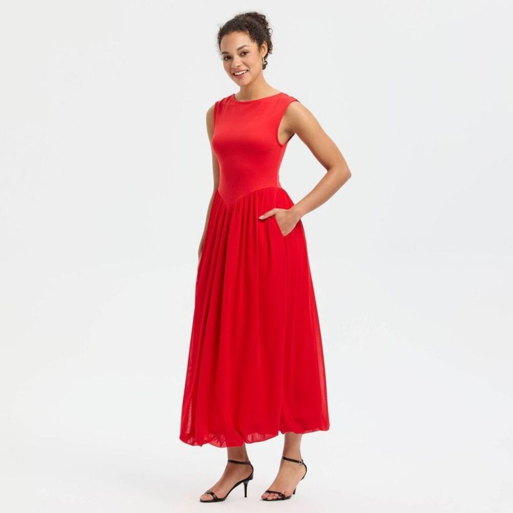 a new day Red Strapless Midi Dress with Pockets